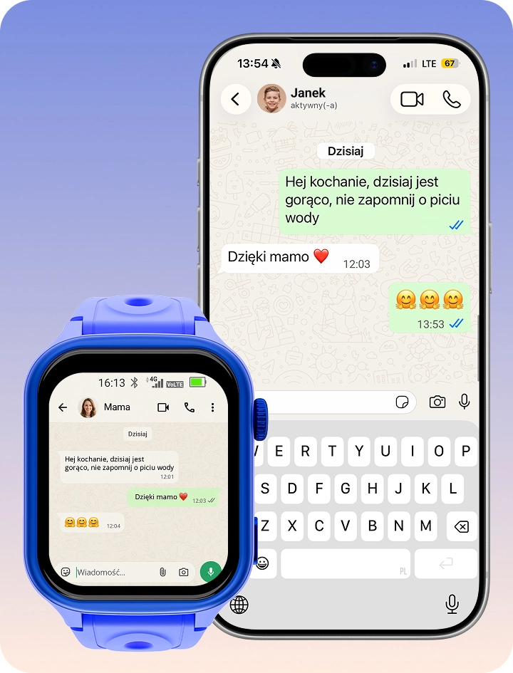 Niebieski smartwatch dziecięcy Bro obok smartfona, pokazujący rozmowę w aplikacji WhatsApp.