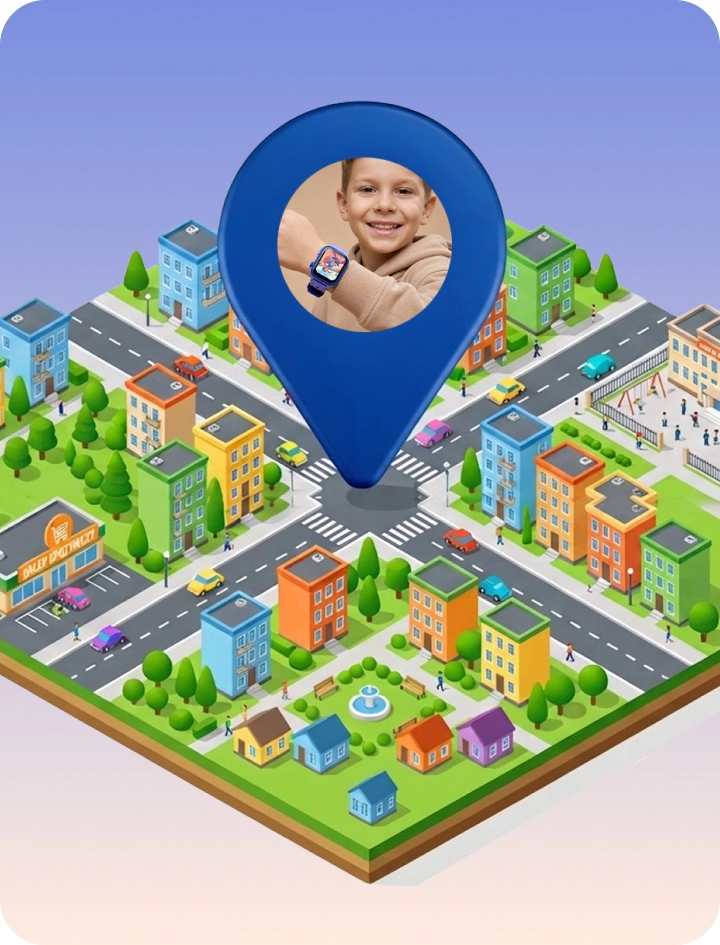 Grafika prezentująca lokalizację GPS, która pozwala opiekunowi sprawdzić położenie dziecka ze smartwatchem Bro z poziomu aplikacji.