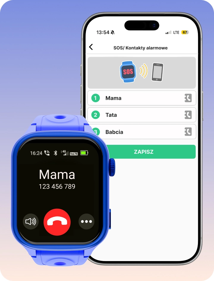 Smartwatch dziecięcy Bro i smartfon prezentujące funkcję przycisku SOS.