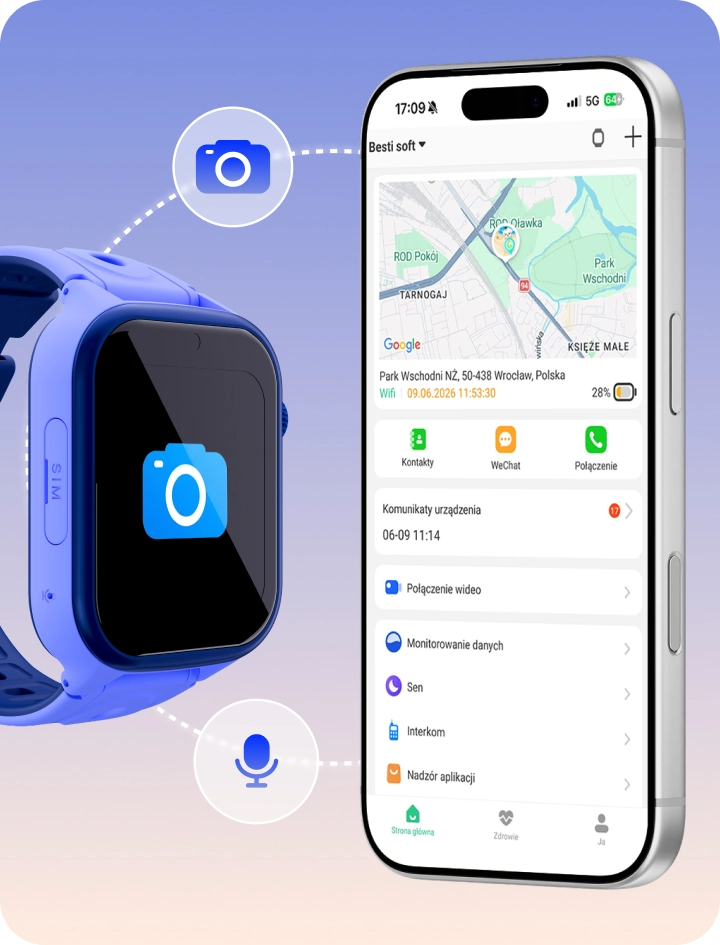 Smartwatch dziecięcy Bro i smartfon prezentujące funkcję zdalnego sprawdzenia sytuacji.