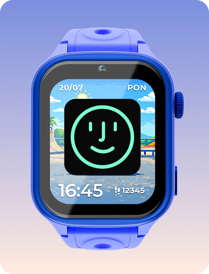Niebieski smartwatch dziecięcy Bro z ekranem Face Unlock, prezentujący funkcję odblokowywania zegarka twarzą.