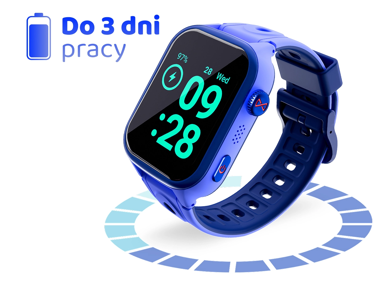 Niebieski smartwatch dziecięcy Bro z ekranem pokazującym poziom baterii, prezentujący czas pracy do 3 dni.