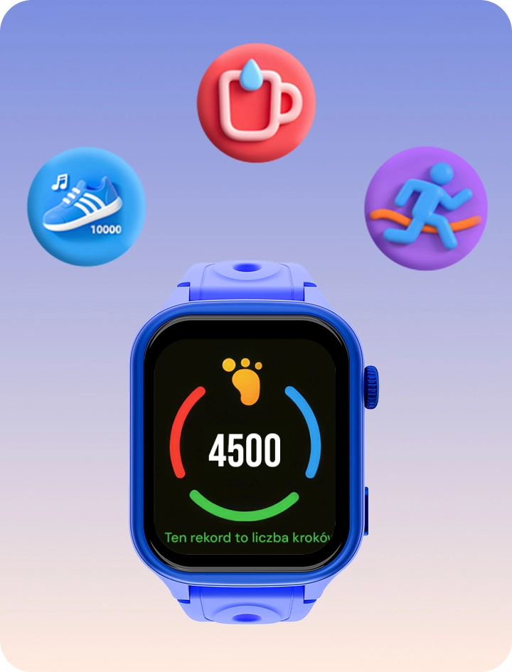 Smartwatch dziecięcy Bro z ikonami aktywności, kroków, picia wody i ruchu.