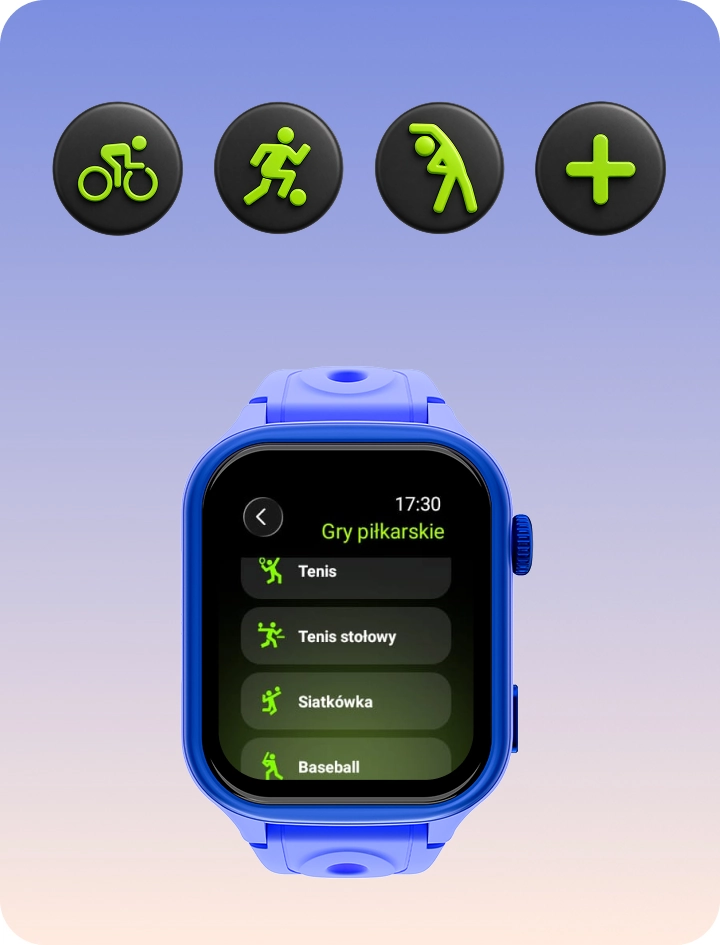 Smartwatch dziecięcy Bro prezentujący tryby sportowe dla dzieci.