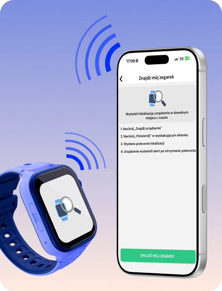 Smartwatch dziecięcy Bro i smartfon prezentujące funkcję odnajdywania zegarka.