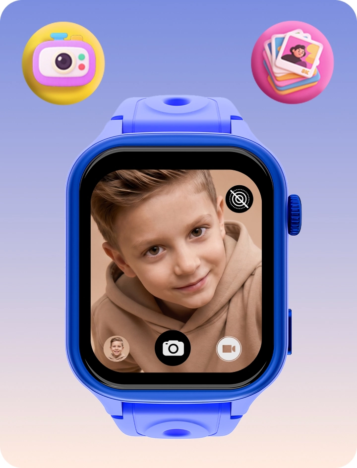 Niebieski smartwatch Bro z ekranem aparatu, prezentujący funkcję robienia zdjęć, nagrywania krótkich filmów i wysyłania ich do rodzica.