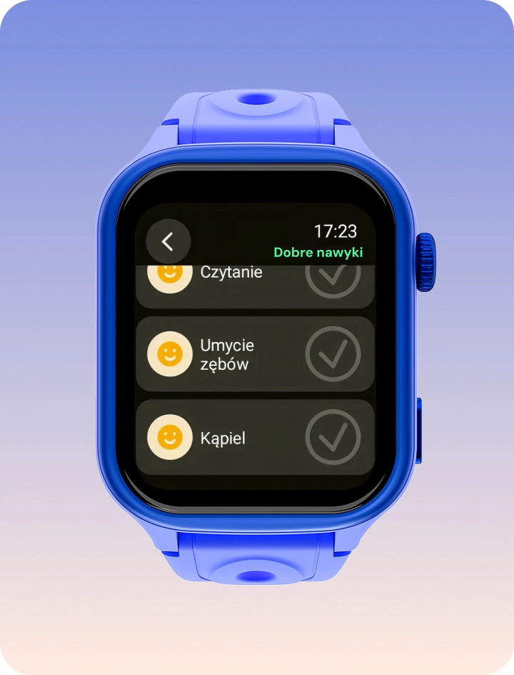 Niebieski smartwatch dziecięcy Bro z listą codziennych zadań, prezentujący funkcję dobrych nawyków.