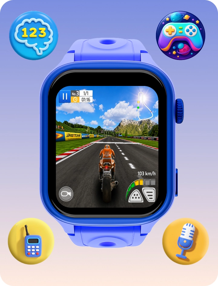 Niebieski smartwatch dziecięcy Bro z ekranem gry oraz ikonami zabaw: gry logiczne, ruchowe i edukacyjne funkcje dla dzieci.