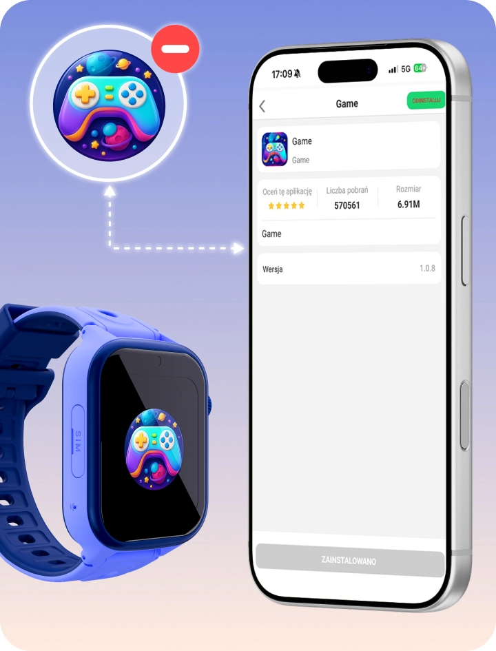 Smartwatch dziecięcy Bro obok smartfona z aplikacją rodzica, prezentujący funkcję kontroli rodzicielskiej do zarządzania aplikacjami.