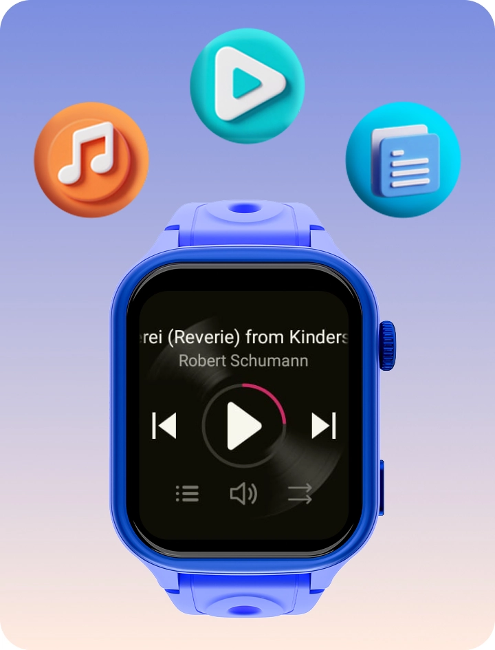 Niebieski smartwatch dziecięcy Bro z ekranem odtwarzacza muzyki oraz ikonami multimediów.