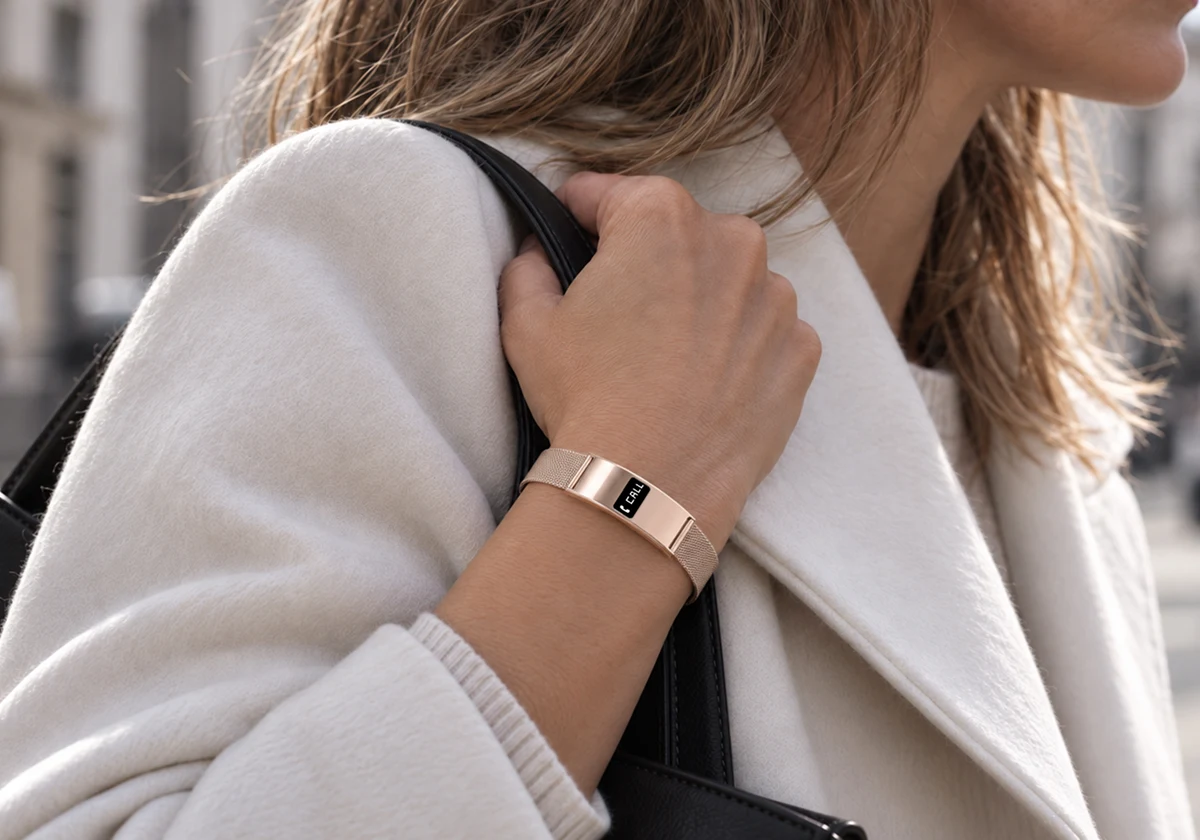 Kobieta w eleganckim płaszczu z bransoletą mesh Elegance Rose Gold