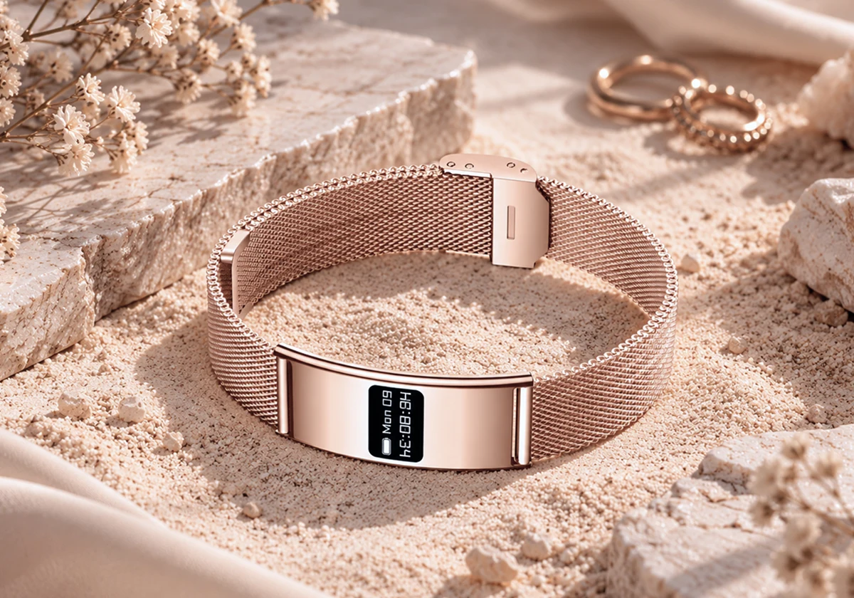 Bransoleta Elegance Rose Gold na tle tkaniny i biżuterii