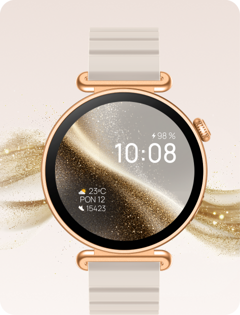 Damski smartwatch Rosa Dust w kolorze różowego złota na jasnej silikonowej bransolecie.