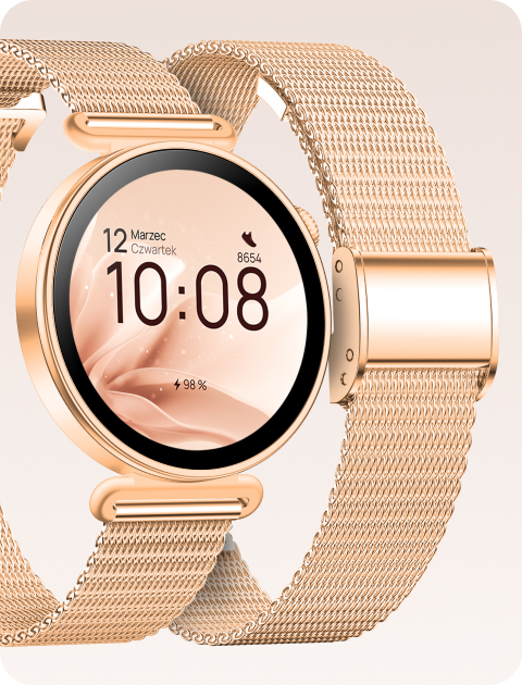 Damski smartwatch Rosa Dust z bransoletą mesh w odcieniu różowego złota.