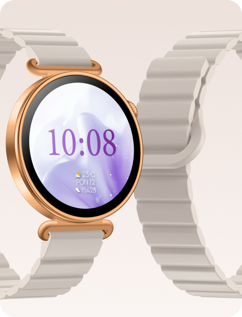 Damski smartwatch Rosa Dust z jasnym paskiem SmartMag i ekranem w różowych odcieniach.