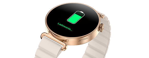 Damski smartwatch Rosa Dust z okrągłym ekranem i ikoną ładowania na ekranie.