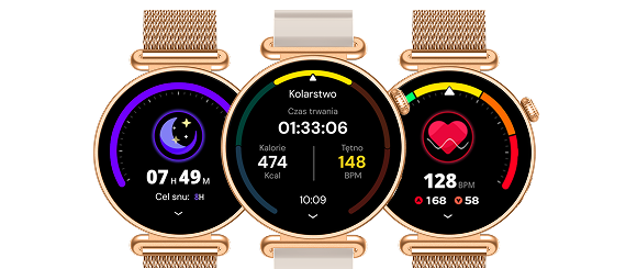 Trzy ekrany smartwatcha Rosa Dust prezentujące funkcje monitorowania snu, aktywności i tętna.