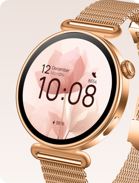 Damski smartwatch Rosa Dust z ekranem AMOLED i motywem niebieskiego kwiatu na tarczy.