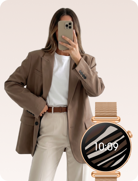 Kobieta w eleganckiej stylizacji i smartwatch Rosa Dust z tarczą wygenerowaną na podstawie outfitu.