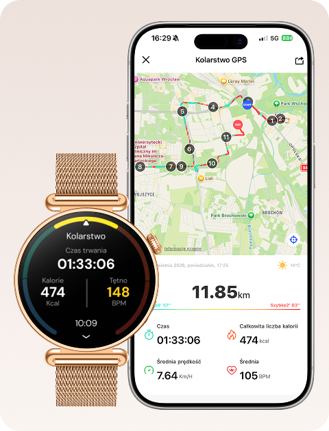 Smartwatch Rosa Dust i aplikacja mobilna prezentujące historię treningów oraz mapy tras GPS.
