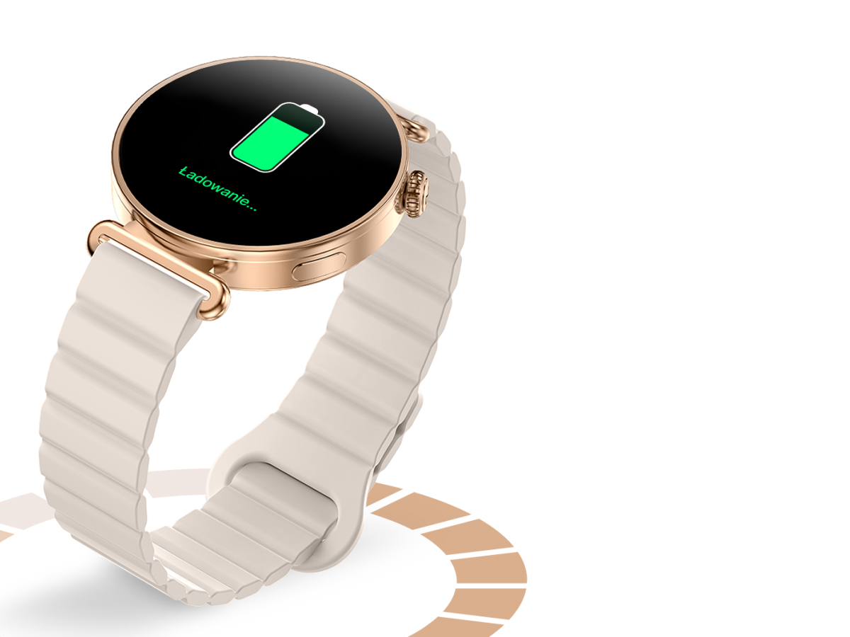 Damski smartwatch Rosa Dust z ikoną ładowania na ekranie.