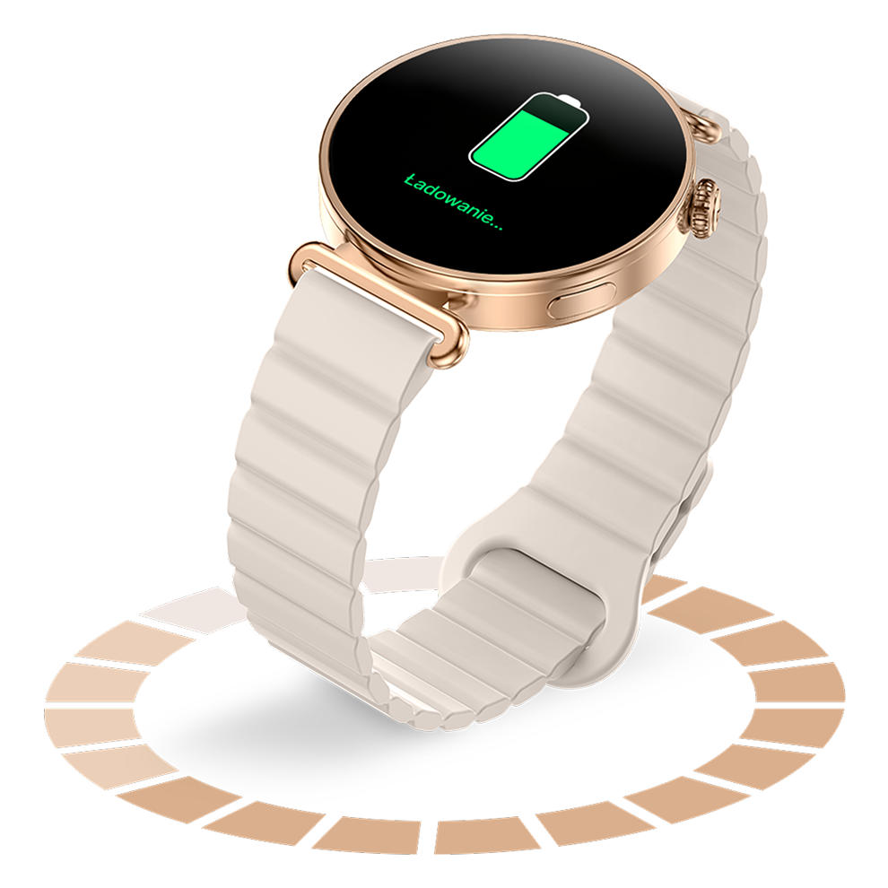 Damski smartwatch Rosa Dust na pasku smartmag z ikoną ładowania na ekranie.