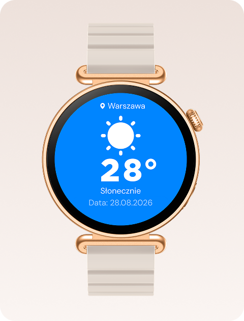 Smartwatch Rosa Dust wyświetla prognozę pogody i aktualną temperaturę na ekranie.
