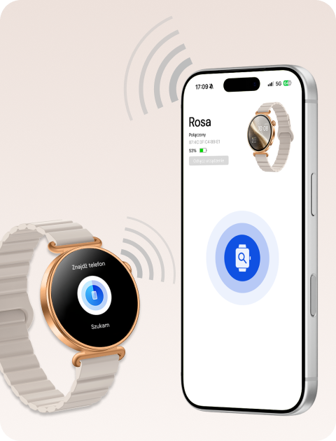 Smartwatch Rosa Dust pomaga odnaleźć telefon lub zegarek za pomocą funkcji lokalizacji urządzeń.