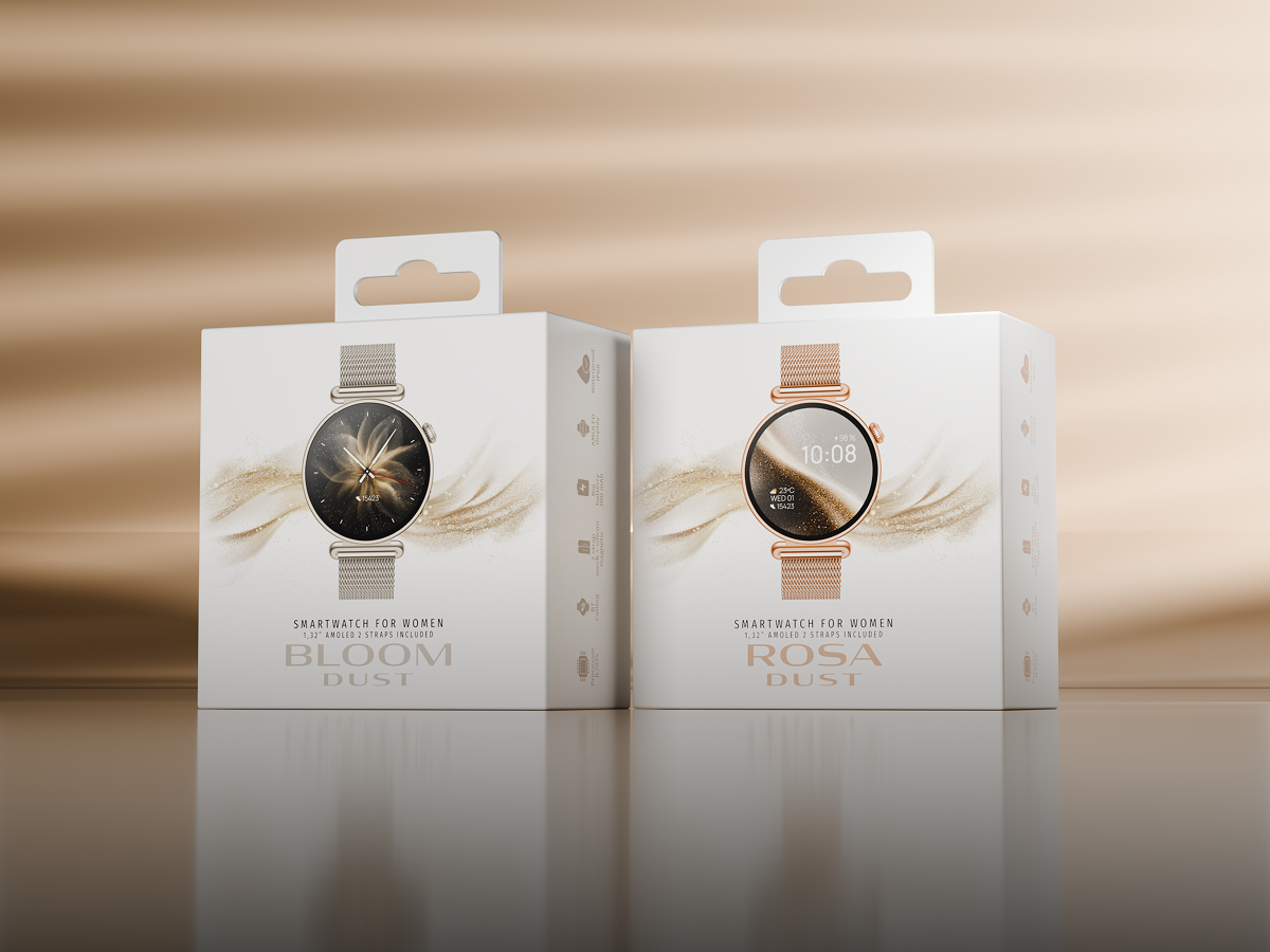 Opakowania damskich smartwatchy Bloom Dust i Rosa Dust w kolorze szampańskiego oraz różowego złota.