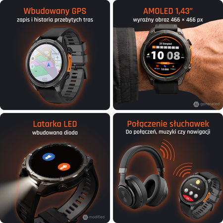 Smartwatch męski Forever SW-900 Focus GPS Bluetooth 5.4 AMOLED IP68 – Inteligentny zegarek z rozmowami Bluetooth, profilami multisportowymi i monitorowaniem zdrowia Czarny