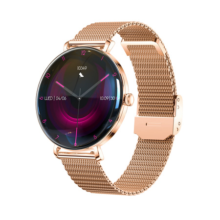 Smartwatch damski Forever SB-370 Lucca Bluetooth 5.3 AMOLED IP68 – Inteligentny zegarek z rozmowami Bluetooth, funkcjami zdrowia i 2 paskami Różowe złoto - Pasek w panterkę