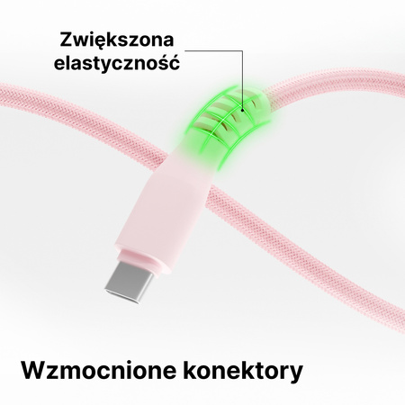 QUALO kabel nylonowy USB-C - USB-C 1,5m 3A 60W różowy QKN-CC-16