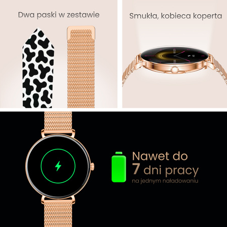 Smartwatch damski Forever SB-370 Lucca Bluetooth 5.3 AMOLED IP68 – Inteligentny zegarek z rozmowami Bluetooth, funkcjami zdrowia i 2 paskami Różowe Złoto - Łaciaty Pasek