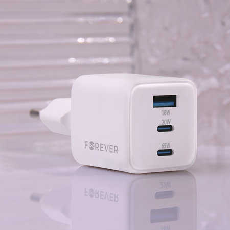 Forever ładowarka sieciowa GaN PD QC TC-08-65ACC 2x USB-C 1x USB 65W biała