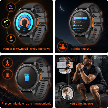 Smartwatch męski Forever SW-900 Focus GPS Bluetooth 5.4 AMOLED IP68 – Inteligentny zegarek z rozmowami Bluetooth, profilami multisportowymi i monitorowaniem zdrowia Czarny