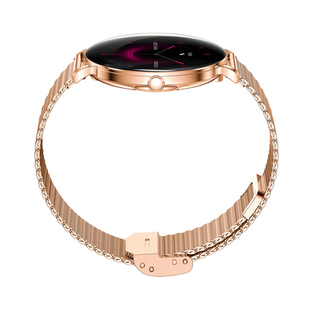 Smartwatch damski Forever SB-370 Lucca Bluetooth 5.3 AMOLED IP68 – Inteligentny zegarek z rozmowami Bluetooth, funkcjami zdrowia i 2 paskami Różowe złoto - Pasek w panterkę