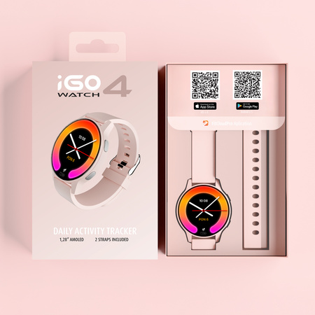 Smartwatch Forever iGO Watch 4! JW-600 Bluetooth 5.3 AMOLED IP67 – Inteligentny zegarek z rozmowami Bluetooth, monitorowaniem zdrowia i 2 paskami Pudrowy Róż
