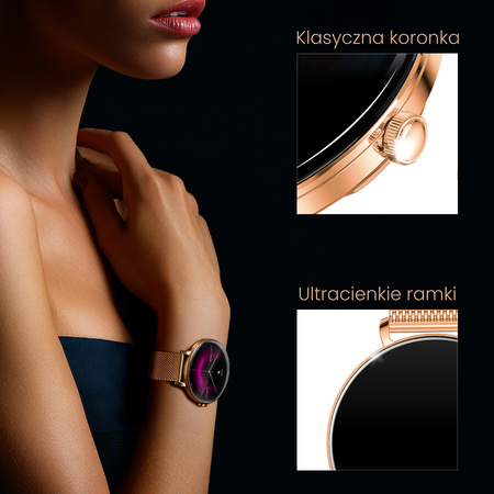 Smartwatch damski Forever SB-370 Lucca Bluetooth 5.3 AMOLED IP68 – Inteligentny zegarek z rozmowami Bluetooth, funkcjami zdrowia i 2 paskami Różowe złoto - Pasek w panterkę