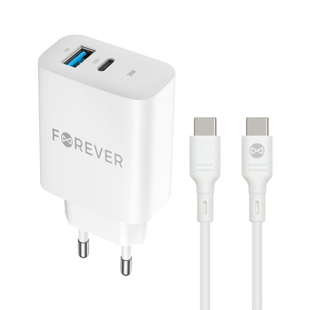 Forever ładowarka sieciowa PD QC TC-07-30AC 1x USB-C 1x USB 30W biała + kabel USB-C - USB-C 60W