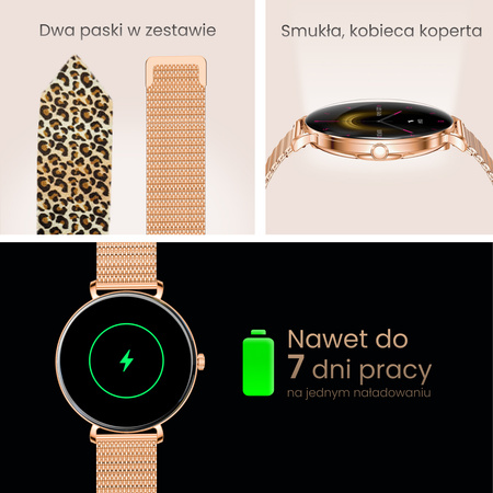 Smartwatch damski Forever SB-370 Lucca Bluetooth 5.3 AMOLED IP68 – Inteligentny zegarek z rozmowami Bluetooth, funkcjami zdrowia i 2 paskami Różowe złoto - Pasek w panterkę