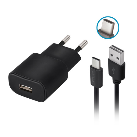 Forever ładowarka sieciowa TC-01 1x USB 2A czarna + kabel USB-C