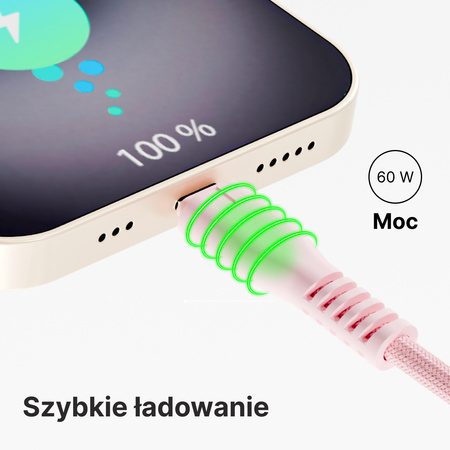 QUALO kabel nylonowy USB-C - USB-C 1,5m 3A 60W różowy QKN-CC-16