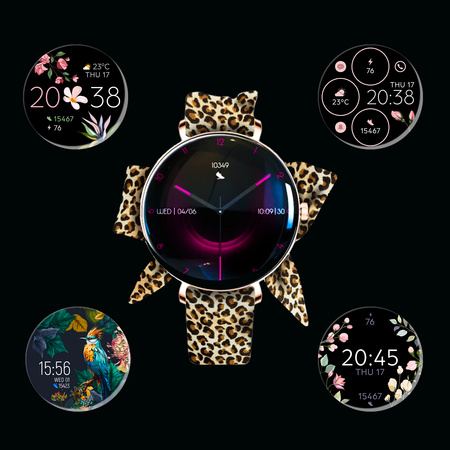 Smartwatch damski Forever SB-370 Lucca Bluetooth 5.3 AMOLED IP68 – Inteligentny zegarek z rozmowami Bluetooth, funkcjami zdrowia i 2 paskami Różowe złoto - Pasek w panterkę