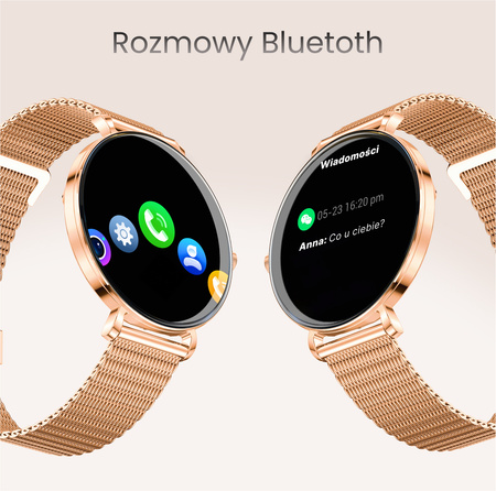 Smartwatch damski Forever SB-370 Lucca Bluetooth 5.3 AMOLED IP68 – Inteligentny zegarek z rozmowami Bluetooth, funkcjami zdrowia i 2 paskami Różowe złoto - Pasek w panterkę