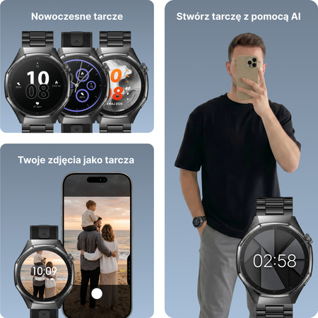 Smartwatch męski Forever SW-720 xBase Bluetooth 5.3 AMOLED IP68 – Inteligentny zegarek z rozmowami Bluetooth, monitorowaniem zdrowia i 2 paskami Czarny