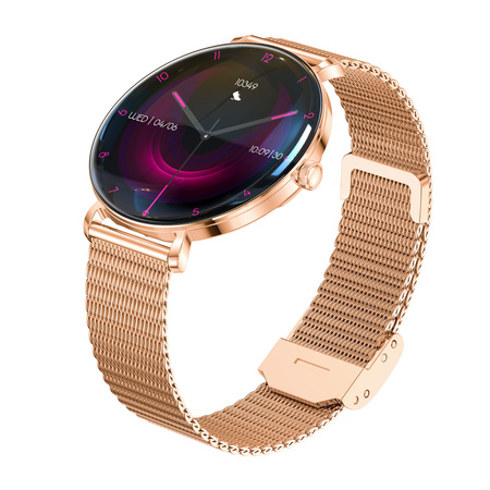 Smartwatch damski Forever SB-370 Lucca Bluetooth 5.3 AMOLED IP68 – Inteligentny zegarek z rozmowami Bluetooth, funkcjami zdrowia i 2 paskami Różowe Złoto - Łaciaty Pasek