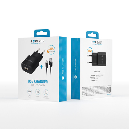 Forever ładowarka sieciowa TC-01 1x USB 2A czarna + kabel USB-C