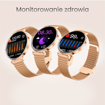 Smartwatch damski Forever SB-370 Lucca Bluetooth 5.3 AMOLED IP68 – Inteligentny zegarek z rozmowami Bluetooth, funkcjami zdrowia i 2 paskami Różowe Złoto - Łaciaty Pasek