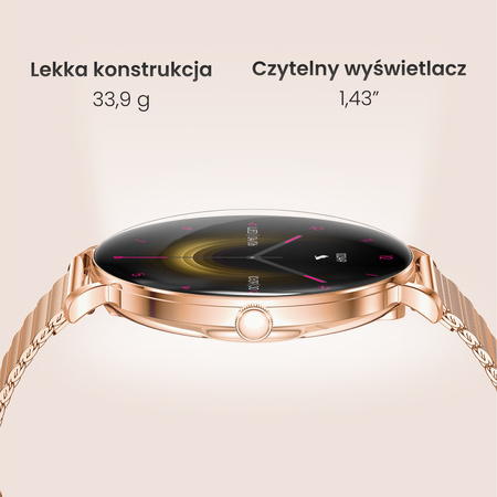 Smartwatch damski Forever SB-370 Lucca Bluetooth 5.3 AMOLED IP68 – Inteligentny zegarek z rozmowami Bluetooth, funkcjami zdrowia i 2 paskami Różowe złoto - Pasek w panterkę