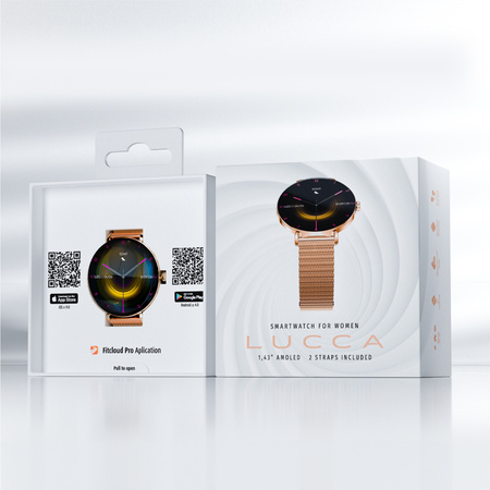 Smartwatch damski Forever SB-370 Lucca Bluetooth 5.3 AMOLED IP68 – Inteligentny zegarek z rozmowami Bluetooth, funkcjami zdrowia i 2 paskami Różowe Złoto - Łaciaty Pasek